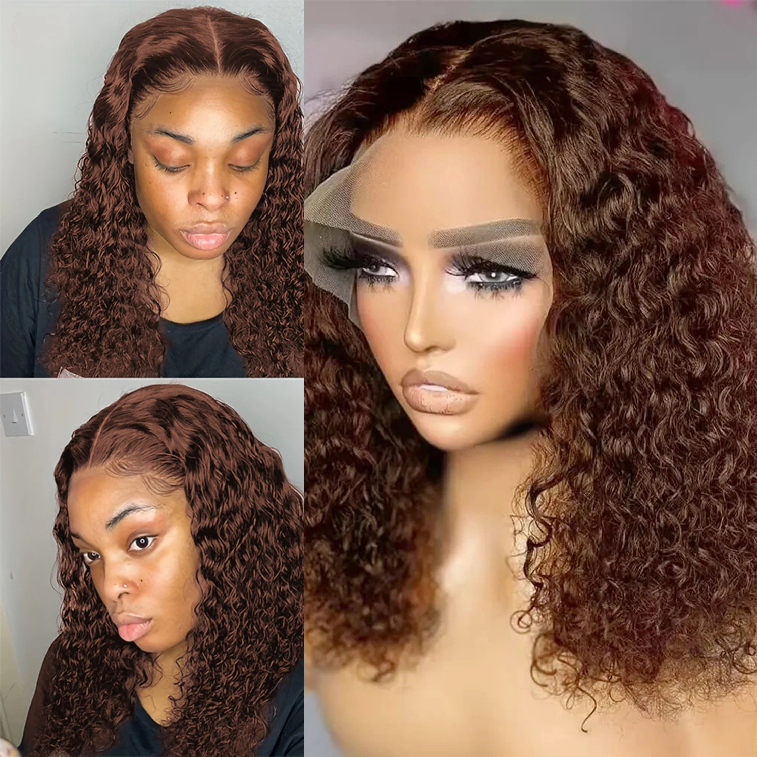 

4# Brown Color Water Wave Wig Human Hair Wig 13x4 Transparent Lace Front Short Bob Wig For Woman Human Hair Wig