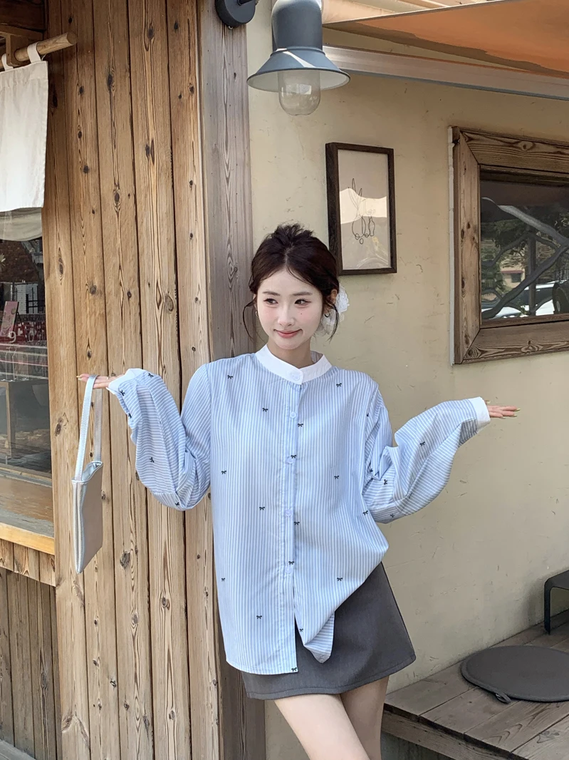 

Women's Loose Long Sleeve Sun Protection Shirt Knot Print Stripes Casual Spring New Style Single Button Top