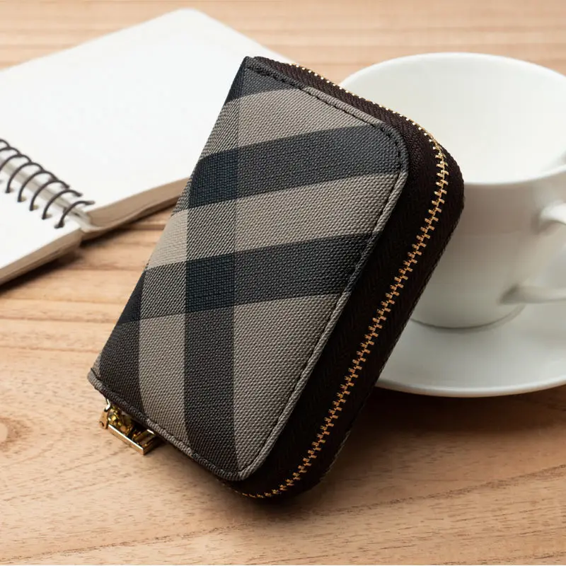 Korean Style Plaid Pattern PU Card Holder for Women - Zipper Small Coin Purse, 9-Slot Accordion Female Card Case