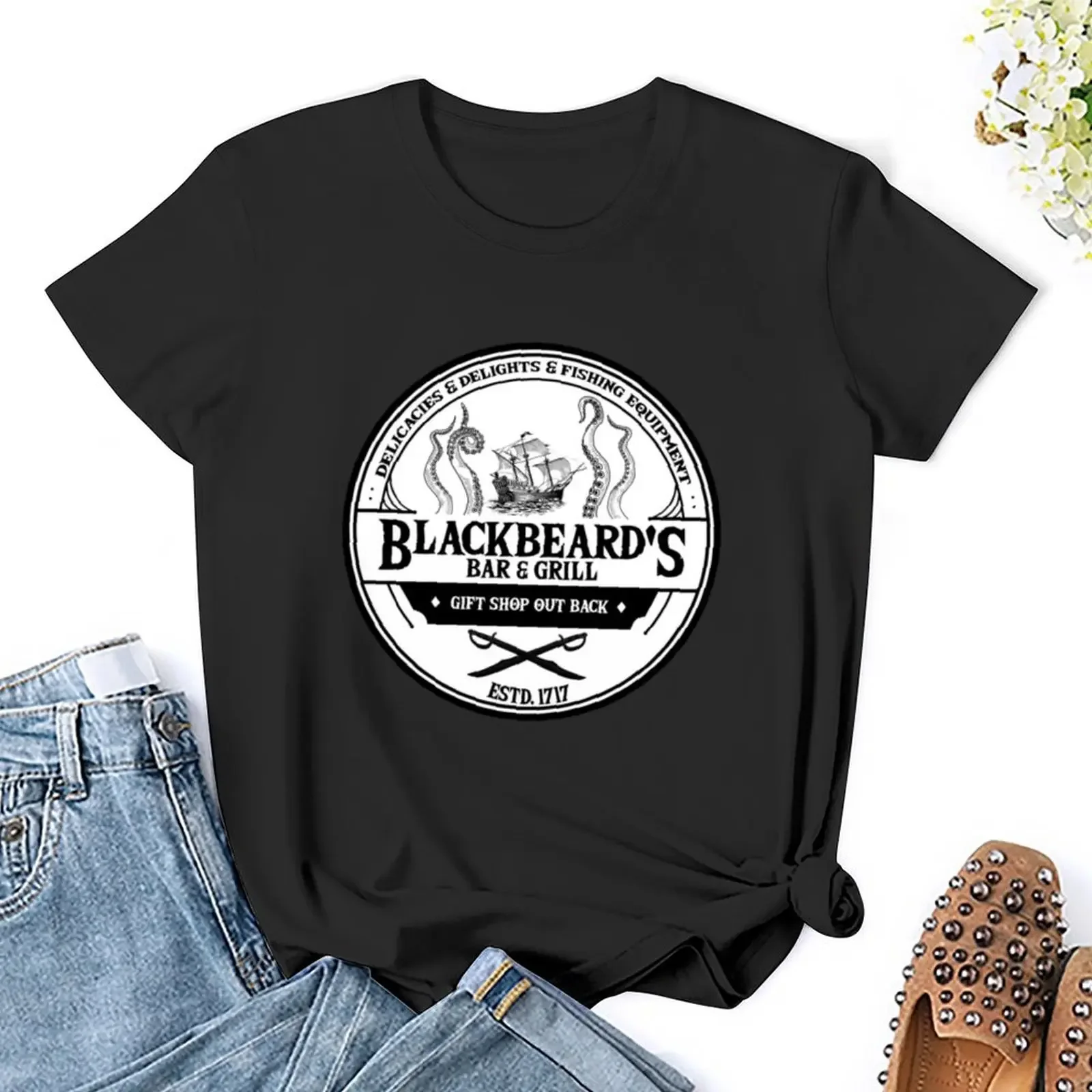 Blackbeard's Bar and Grill T-Shirt anime clothes customs design your own vintage workout shirts for Women