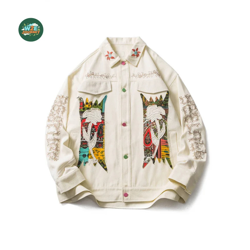 

W2EJOURNEY Top Quality EU US Size Ethnic Style Floral Embroidery Patchwork Jacket Unisex Vintage Outdoor Retro Jacket Coat