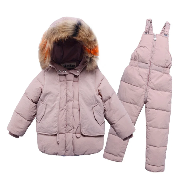 -30℃ Winter Down Suit Thick Warm Sets Boys Girls Hooded Jackets Overalls 2 Pcs Kids Parka Snow Wear Outfits 2-6 Years