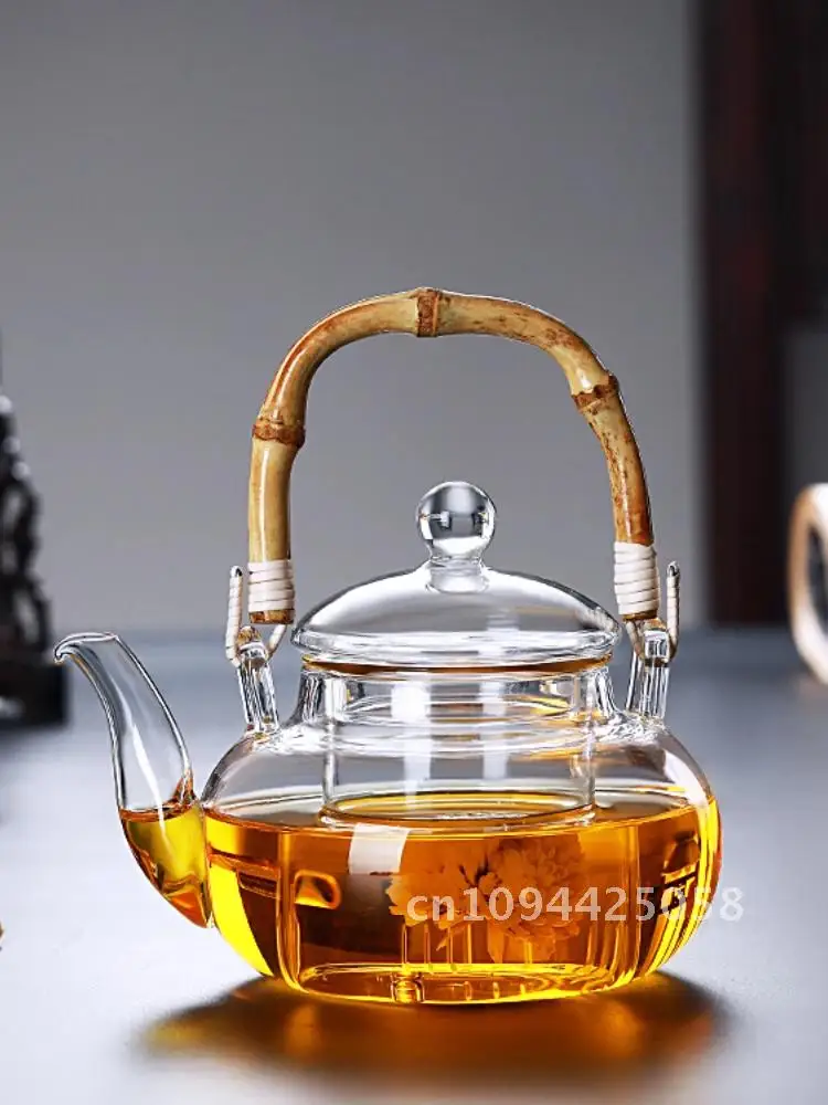 

Bamboo Handle Beam Tea Pot Glass Teapot With Filter Heat Resistant Glass Teapot and Cup Set Pu Erh Puer Tea Brewing Kettle Pots