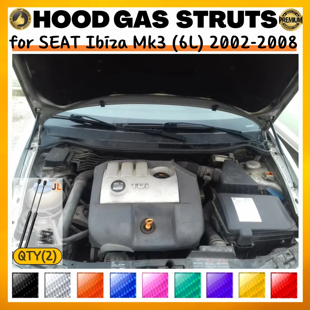 

Комплект (2 шт.) амортизаторов капота для SEAT Ibiza Mk3 (6L) 2002-2008, передние газовые пружины из углеродного волокна, упоры для подъема капота, демпферы