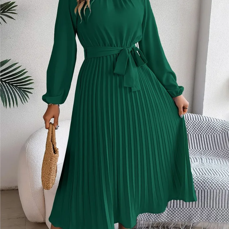 สตรี Elegant A Line ชุดเดรสฤดูใบไม้ผลิฤดูร้อนแขนยาวเอวสูงจีบชุดยาวผู้หญิงชุดเสื้อเชิ้ตลําลอง