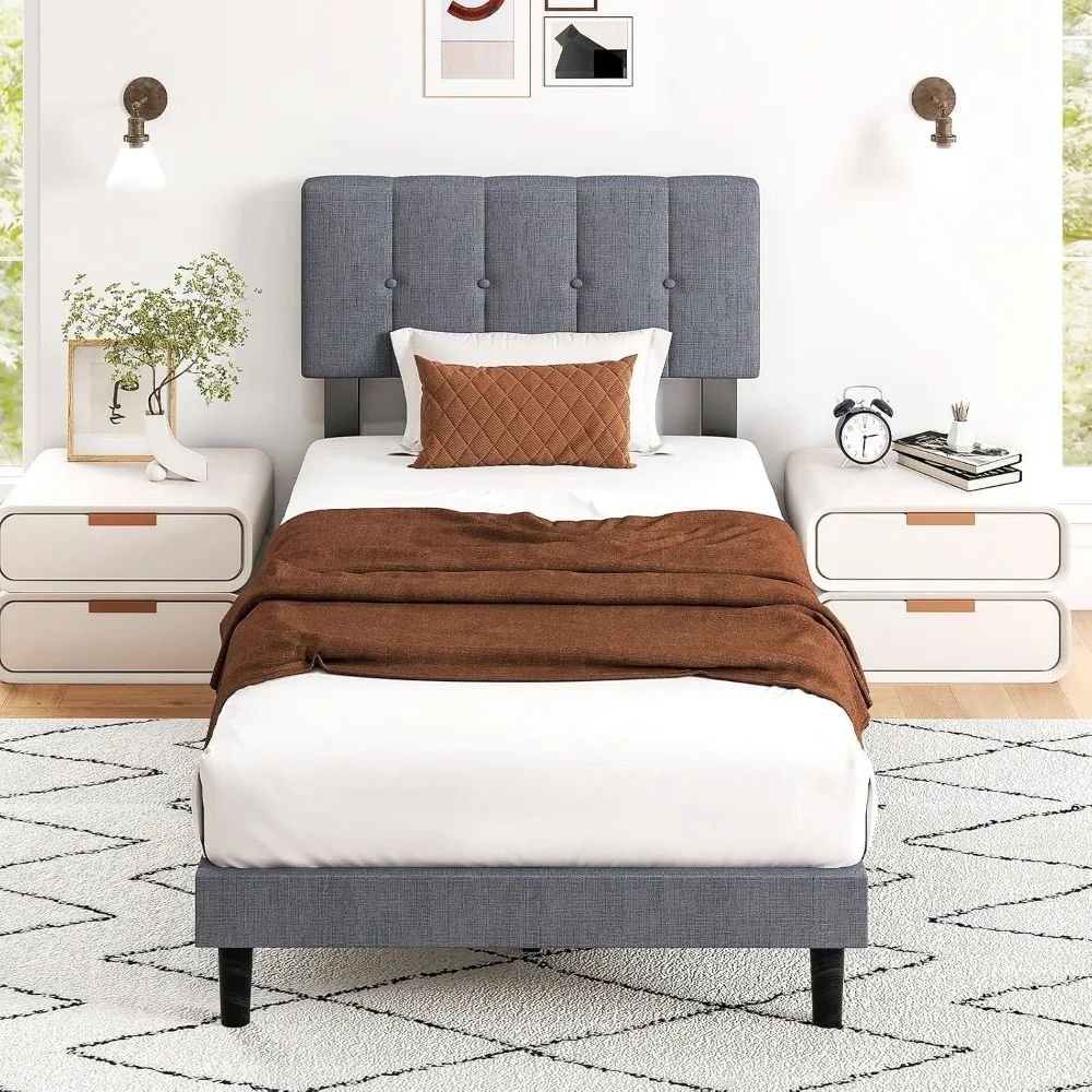 sweetcrispy twin size bed frame - fabric upholstered platform bed with headboard, 530lbs sturdy wooden slats support, no box spr