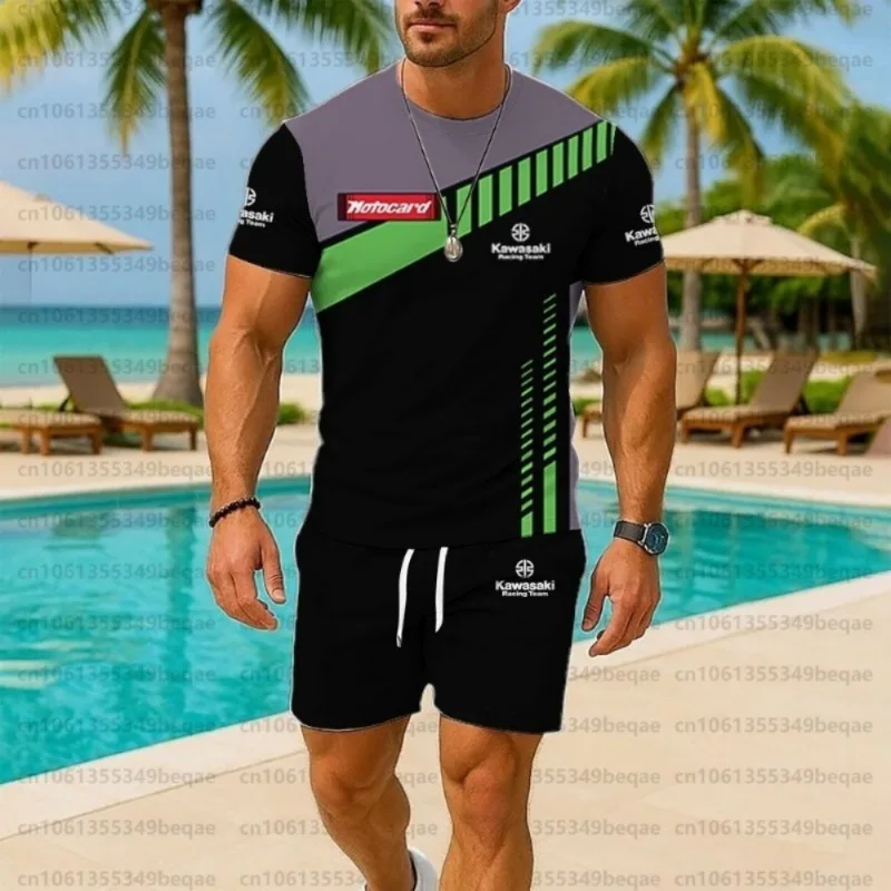 

Новинка 2025 года, дышащая футболка с логотипом Kawasaki и спортивные повседневные легкие шорты, мужской комплект из двух предметов, летний мужской комплект, быстросохнущий