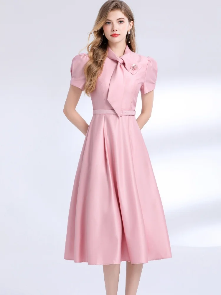 SMTHMA High-End Elegant Socialite Bow Tie Up Party Dress Women's Slim Waist  Short Sleeved Runway Long Dress With Belt - AliExpress 200000345