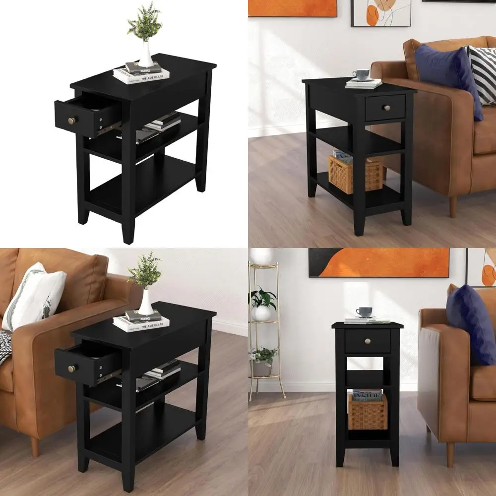 

Compact 3-Tier Black End Table with Drawer and Shelf for Living Room