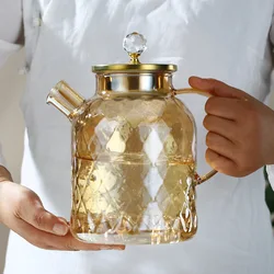Glass Tea Kettle With Bamboo Lid And Removable Filter Spout Champagne Teapot For Loose Leaf Blooming Tea And Fruit Tea 1/1.8L