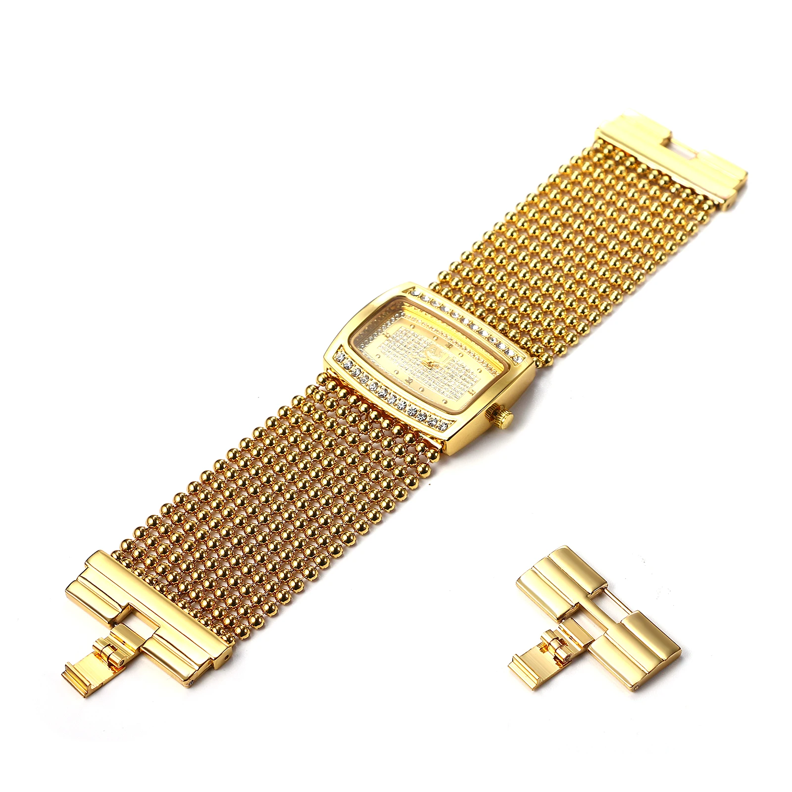 Lancardo Rectangular Diamond Gold Watch Large Dial Beaded Bracelet Simulating Quartz Exquisite Fashion Adjustable Jewelry Buckle