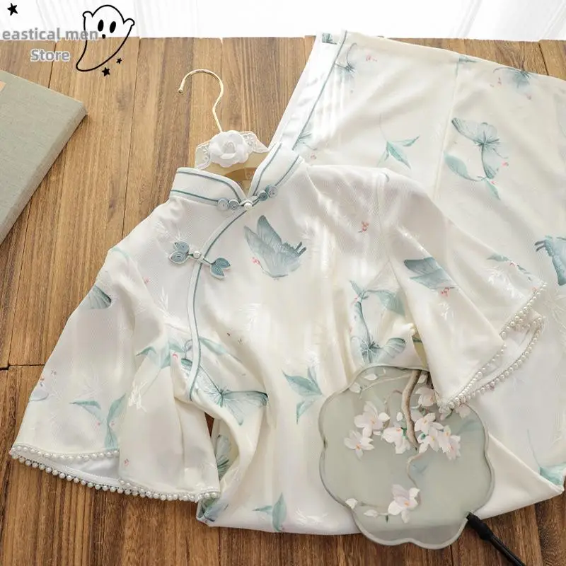 Chinese Princess Dress Female Improved Qipao Elegant Pearl Cuffs Cheongsam Print Butterfly Dresses Long Robe Dressing Gown