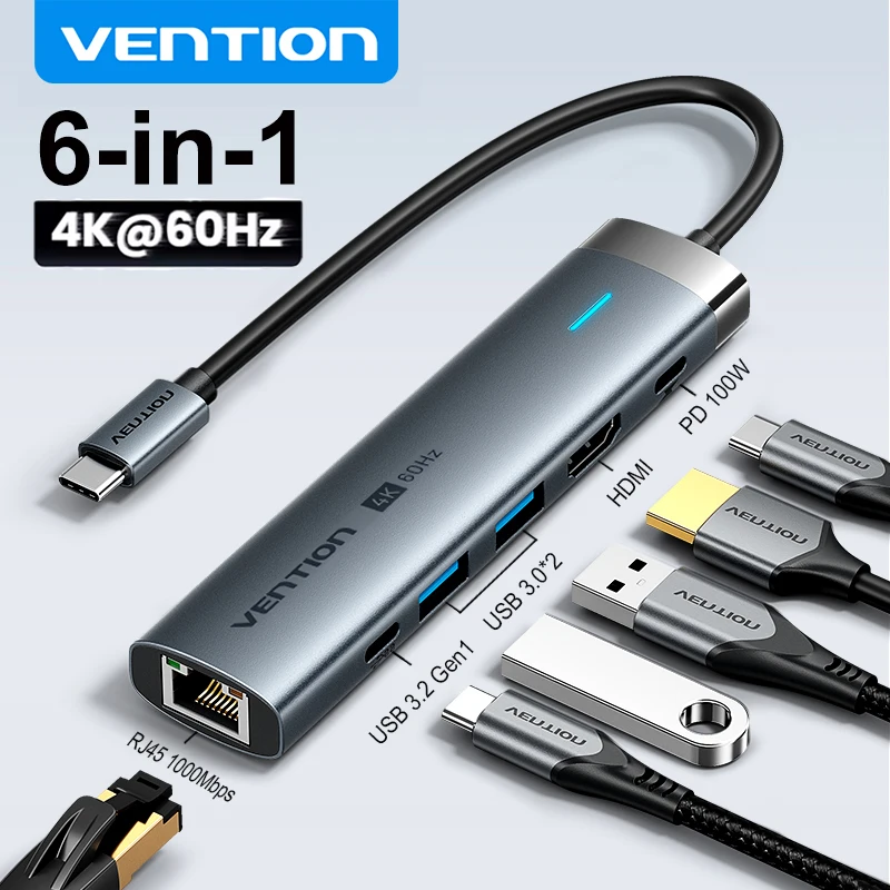 Vention 6 in 1 4K HDMI USB C HUB PD 100W Charging RJ45 Ethernet Adapter USB 3.0 Splitter for MacBook iPad Samsung Lenovo Laptop