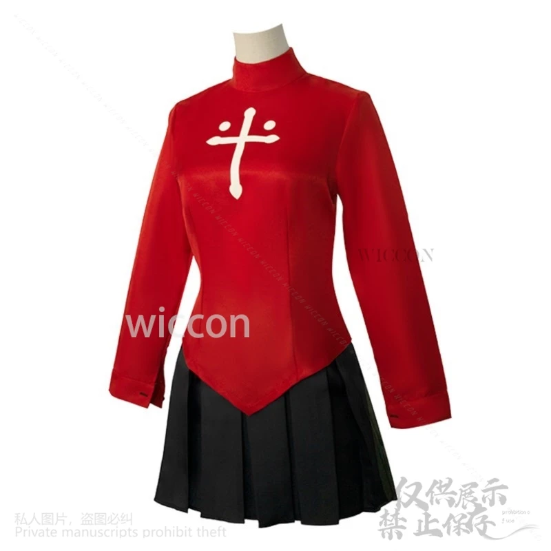 Juego de Anime Fate Stay Night, disfraz de Tohsaka Rin, camisa roja, falda, vestido, peluca de cola de caballo doble de Lolita para Halloween y Navidad