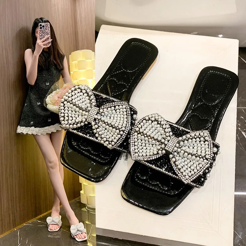 Chic Pearl - Rhinestone Bow Slides | Glamorous & Eye - Catching, Perfect for Party & Fashion Looks