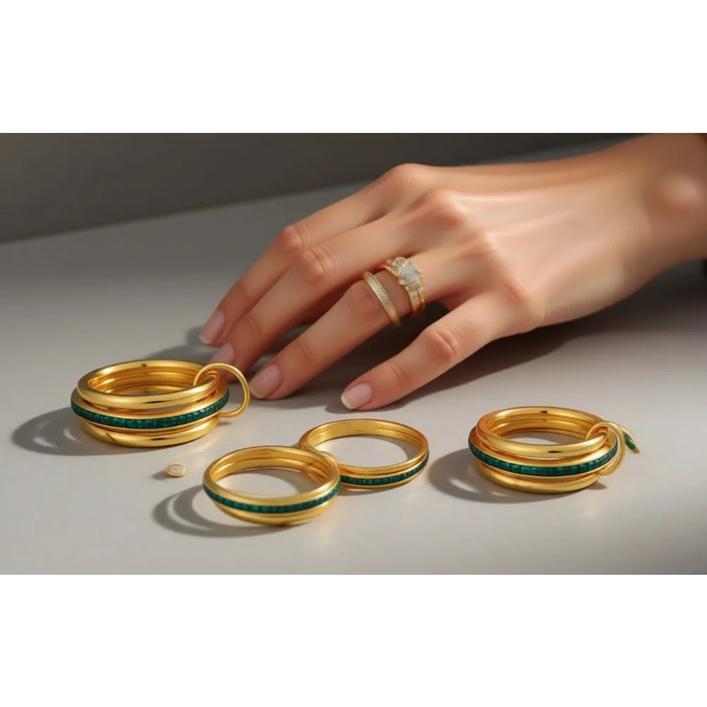 

Набор винтажных многослойных золотых колец для женщин с покрытием 18K и зелеными кубическими циркониями, не тускнеющие