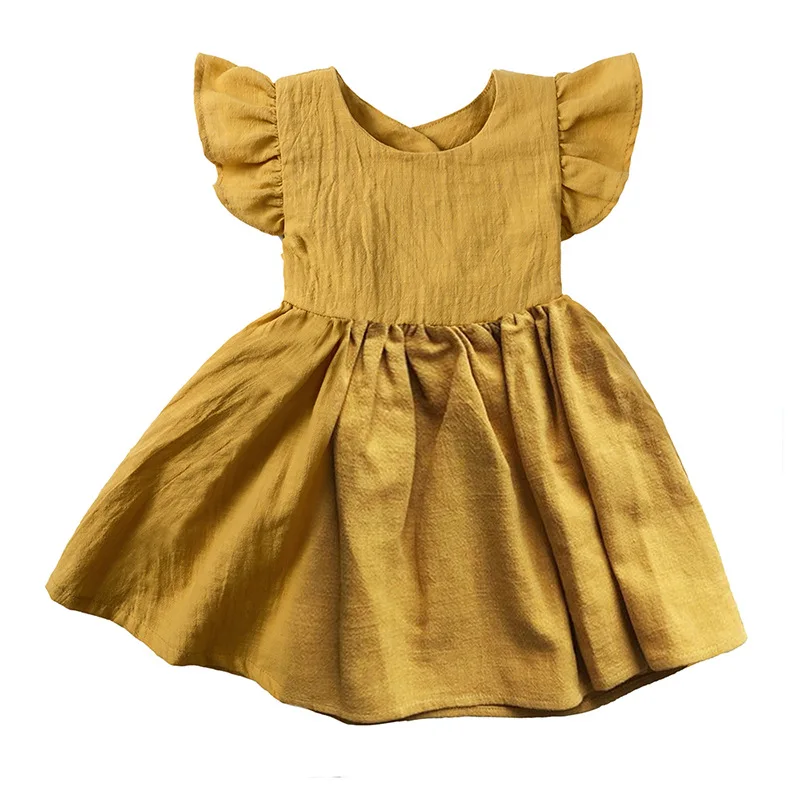 Robe trapèze à lacets en coton et lin pour bébés filles, manches volantes solides, col rond, nœud papillon, robes de princesse décontractées pour tout-petits, été, nouveau