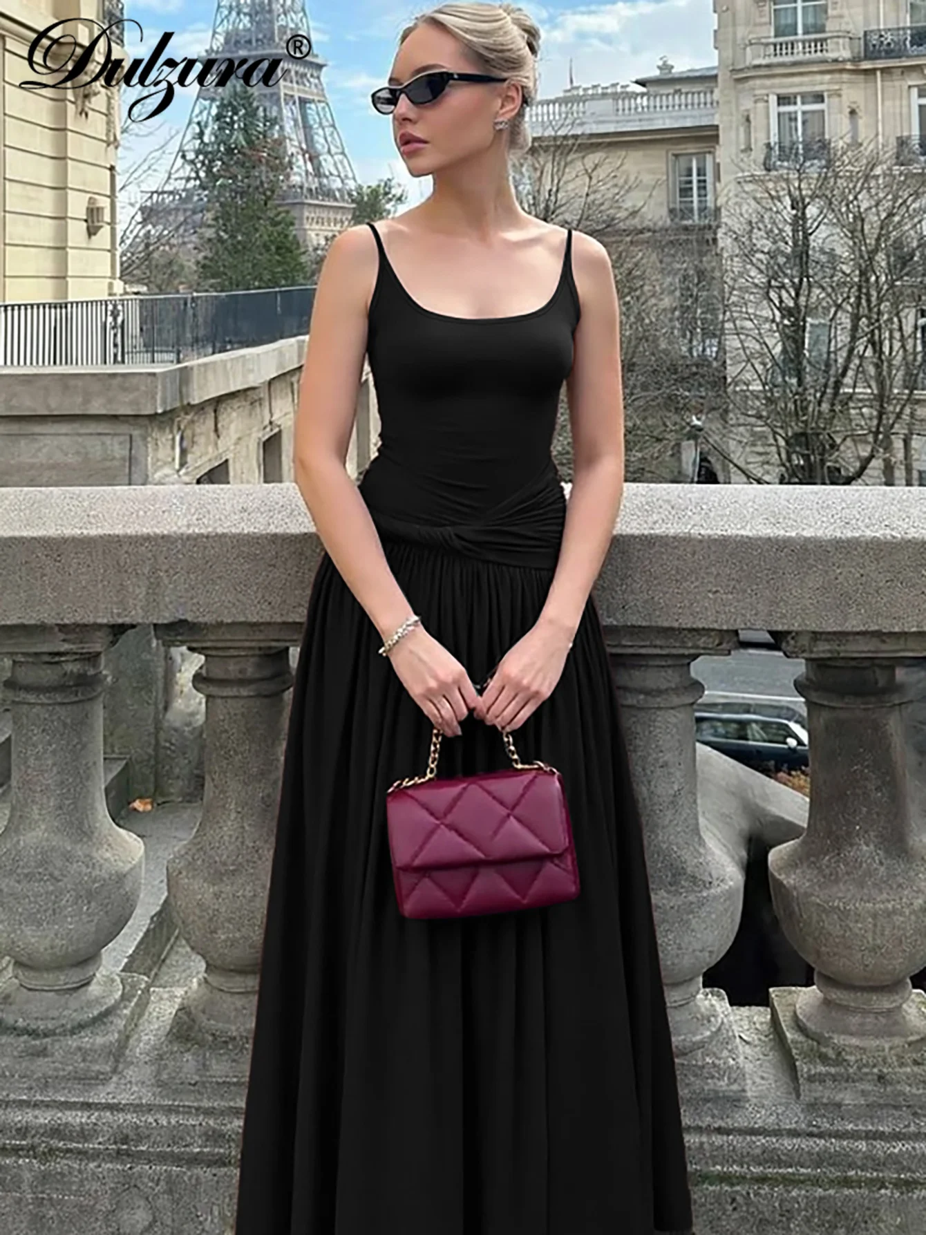 Dulzura Senza maniche Backless Aderente Increspato Cami Abito lungo a pieghe Solido Sexy Elegante Maxi Dress Party Club Street Summer Outfit