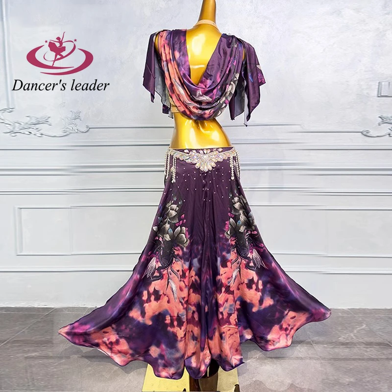 Belly Dance Performance Practice Costume Female Purple Ink Flower Printed Long Dress Eastern Modern Classical Dance Set