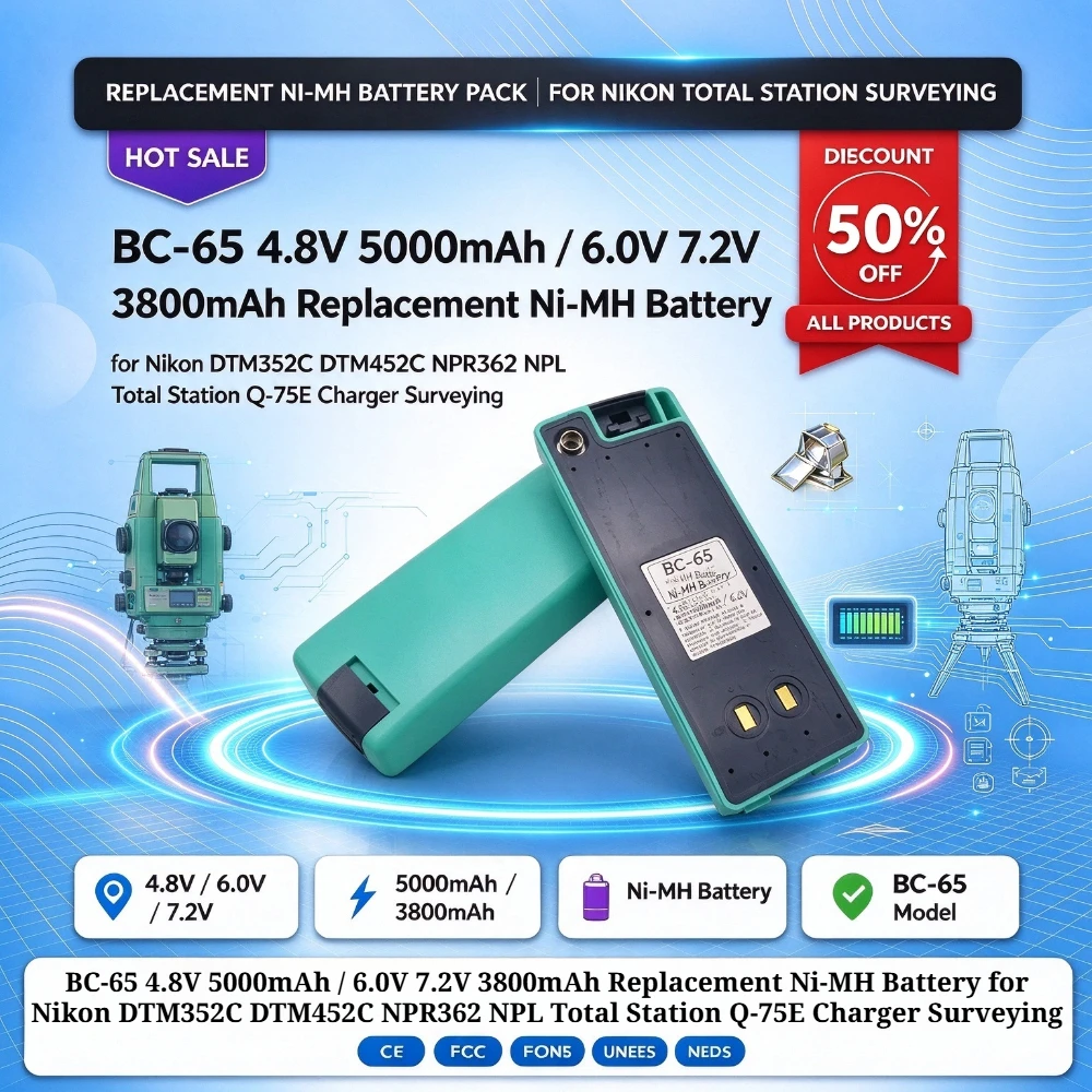 BC-65 4.8V 5000mAh / 6.0V 7.2V 3800mAh Ni-MH Battery for Nikon DTM352C DTM452C NPR362 NPL Total Station Q-75E Charger Surveying