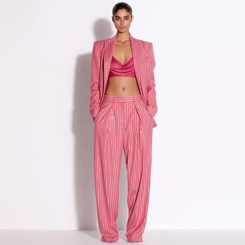 New style loose pink hot diamond suit trousers set