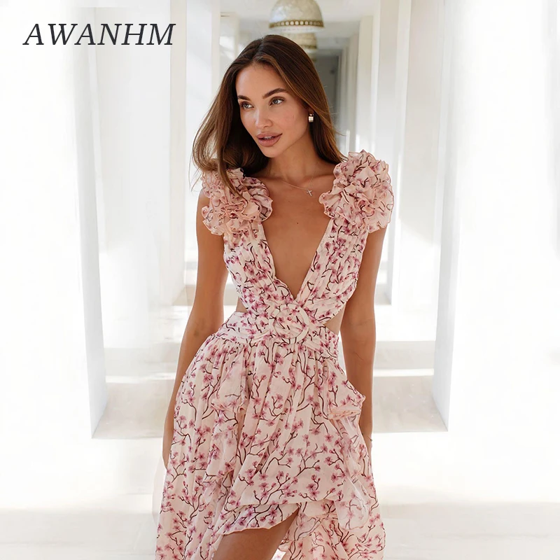 

Летнее сексуальное платье макси с принтом, глубоким V-образным вырезом, открытой спиной, приталенное, с оборками, цветочное, 2026