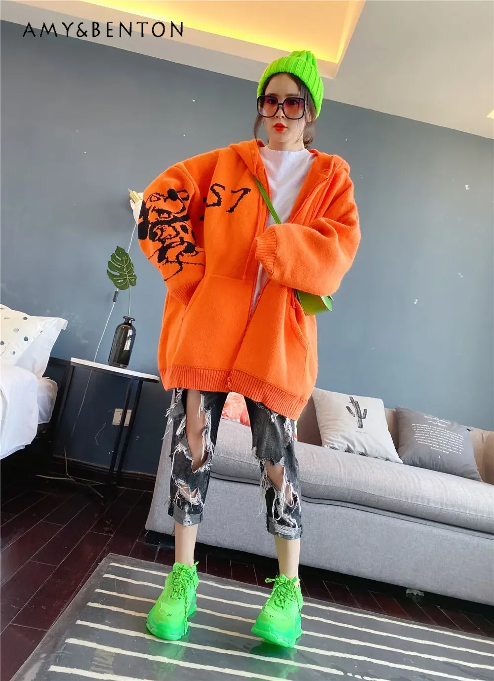 Women\'s Mid-Length Hooded Sweater Cardigan Winter Wear Loose Thick Cartoon Knitwear Top Fashion Knitting Sweaters Coats Female