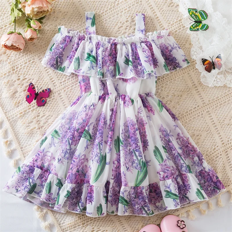 Toddler Girls Floral Print Dress Off Shoulder Suspender Sundress Ruffle Princess Birthday Dress Baby Summer Casual Clothes