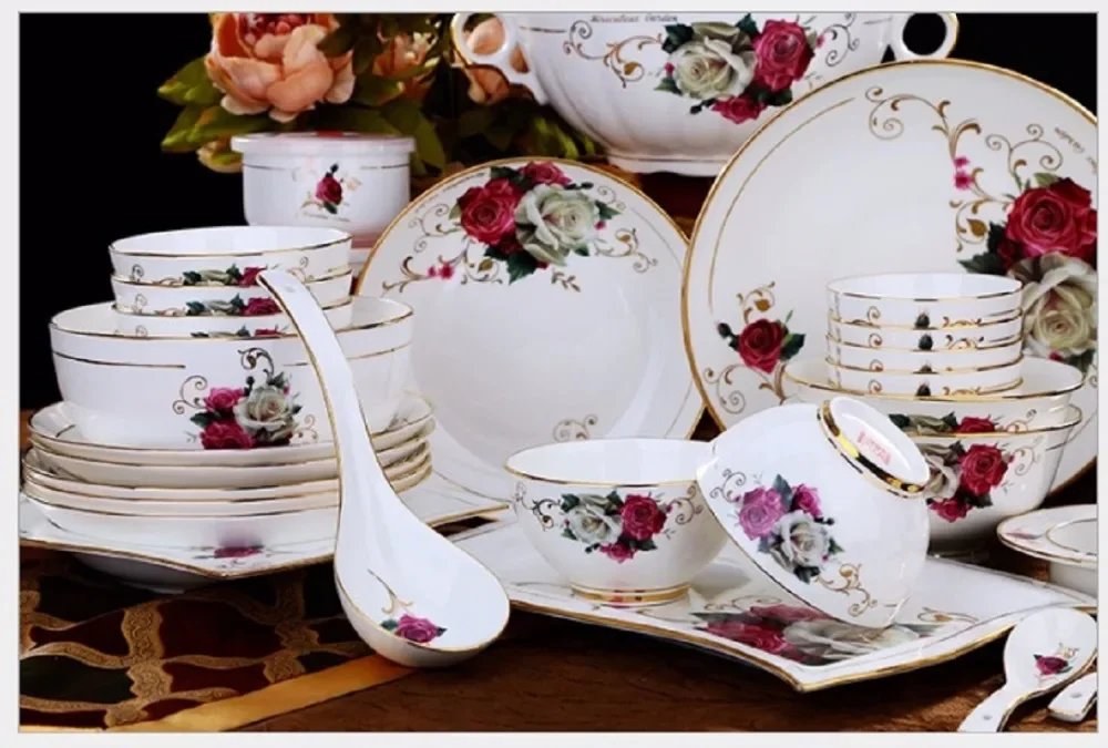 Jingdezhen high-grade bone china tableware 62 PIECES   wedding housewarming gift household ceramic bowl dish