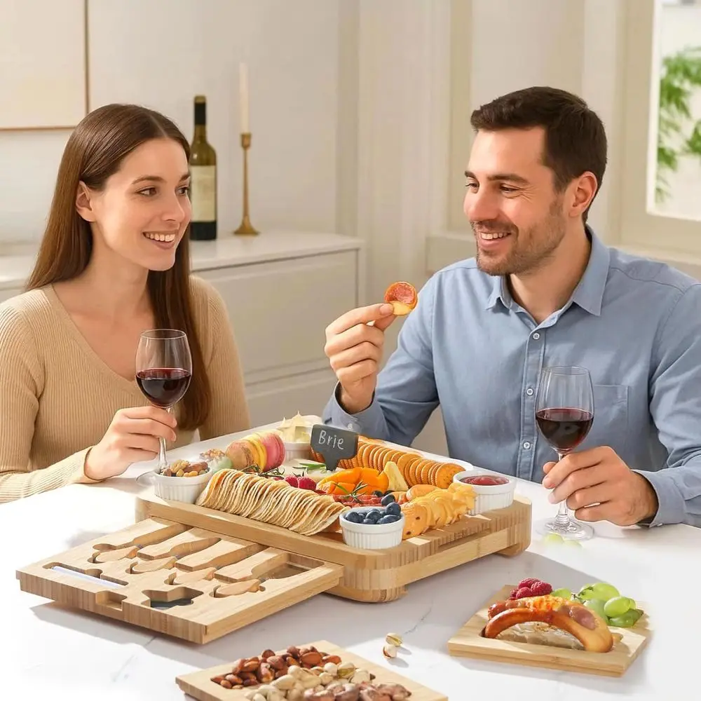 Portable Bamboo Charcuterie Board with Lid and Handle, Travel-Friendly Snack Box, Compact Cutting Board with 3 Hidden Drawers fo