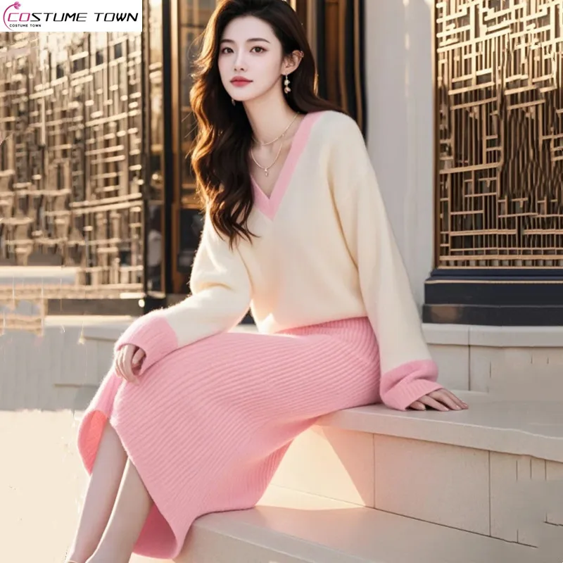 

Autumn and winter fashion pink and white contrasting small fragrant style knitted sweater+loose and fashionable half body skirt