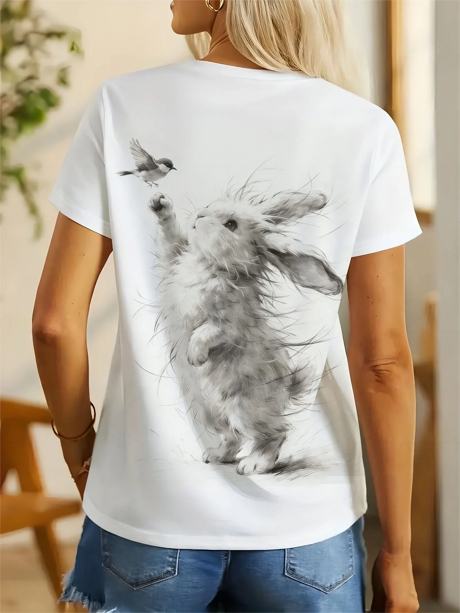 Women's Round Neck T Shirt White Base Watercolor Fluffy Rabbit And Little Bird Print Casual Daily Cute Style Ladies Clothing