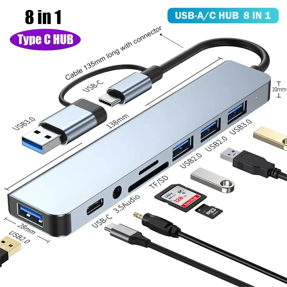 8-in-1-USB-HUB mit Splitter-Kartenleser, USB-C-Anschluss, USB 3.0 / 2.0, SD/TF-Splitter-Kartenleser, Dockingstation