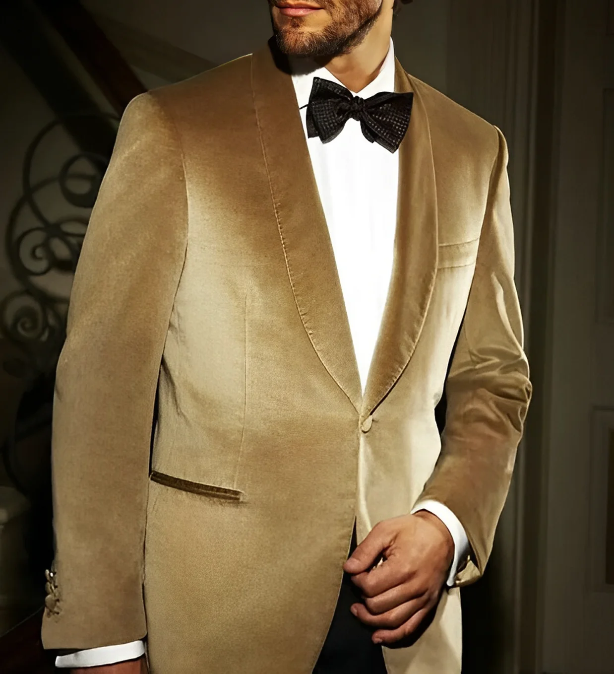Chaqueta de terciopelo dorado, chal con solapa, traje para hombre, esmoquin ajustado, traje Formal para novio, traje para cena de graduación, abrigo de una pieza hecho a medida