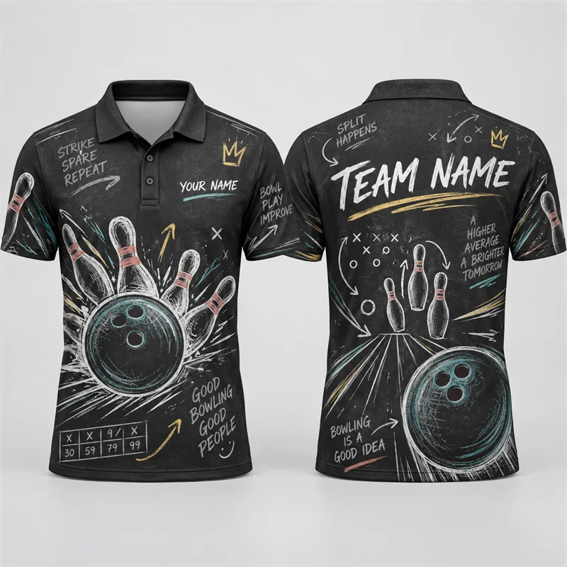 Personalized Bowling Polo Shirt Custom Name Team Name Vintage Art Print Short Sleeve Jersey League Tournament Sports Uniform Top