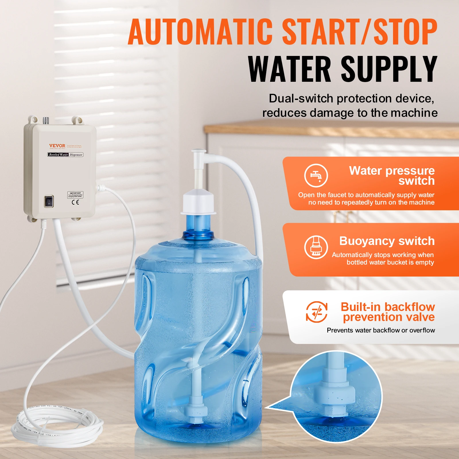 VEVOR Sistema de Bomba Dispensadora de Agua Embotellada, Sistema Dispensador de Más de 2,5 L/min, Bomba de Jarra de Agua de Entrada Única, Uso Compatible con Máquina de Café/Té o Hielo, Refrigerador