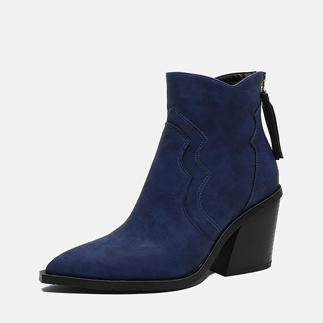 Dark Blue Faux Suede High Heel Ankle Boots  Point Head Square Heel Women's Short Boot Winter New Back Zip Boot Shoe For Woman