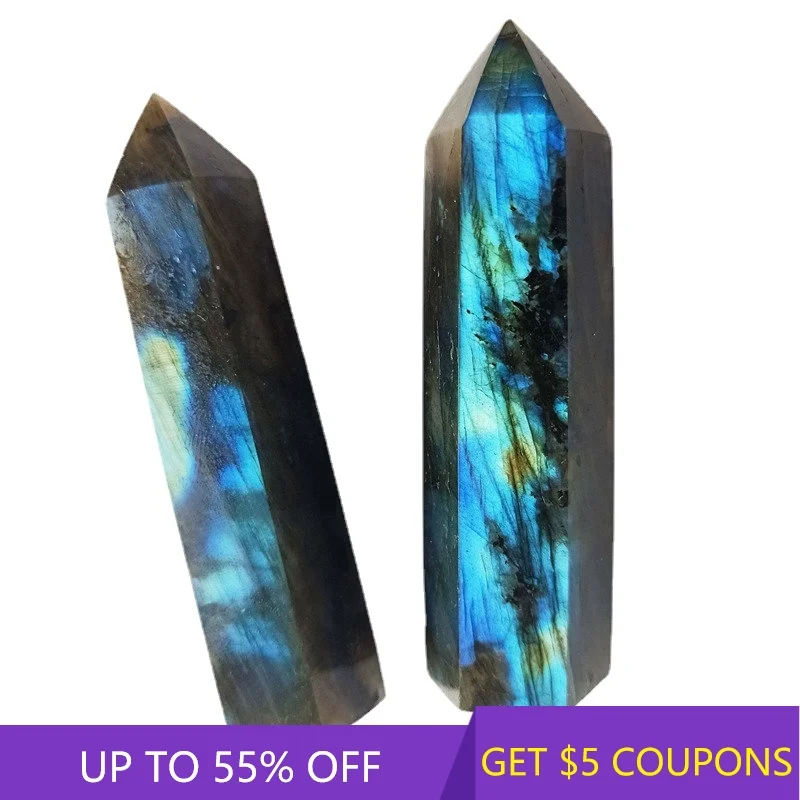 60-70mm Natural Labradorite Moonstone Quartz Crystal Point Column Wand Obelisk Healing Treatment Stone Craft Ornament Home Decor