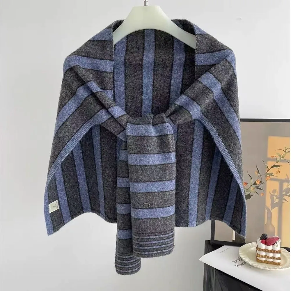 Retro Color-block Striped Knitted Shawl T-Shaped Wool Blend Shoulder Wrap Soft Neck Warmer for Women