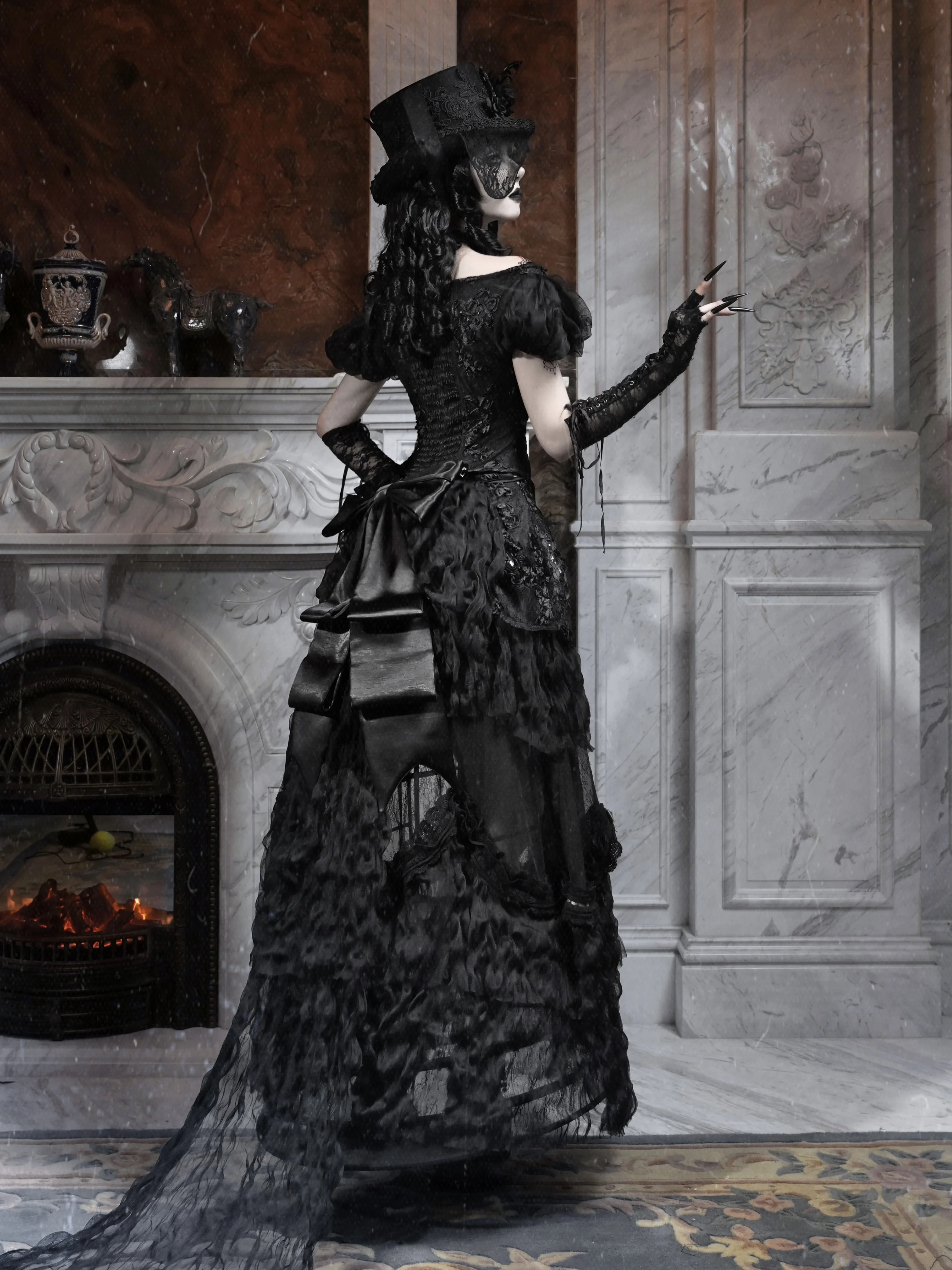 Halloween Japanese Rojita Dark Black Slim Fit High Waist Blouse Gothic Off-Shoulder Puff Sleeves Mesh Top Short Sleeved Shirt