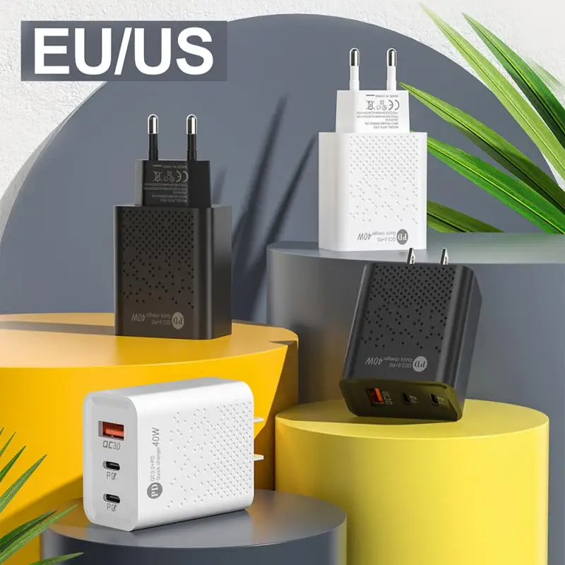 USB Wall Charger QC3.0+PD40/20W USB Cube Power Adapter Multi-port Cellphone Charger US/EU Plug Travel Charger Adapter For Phone