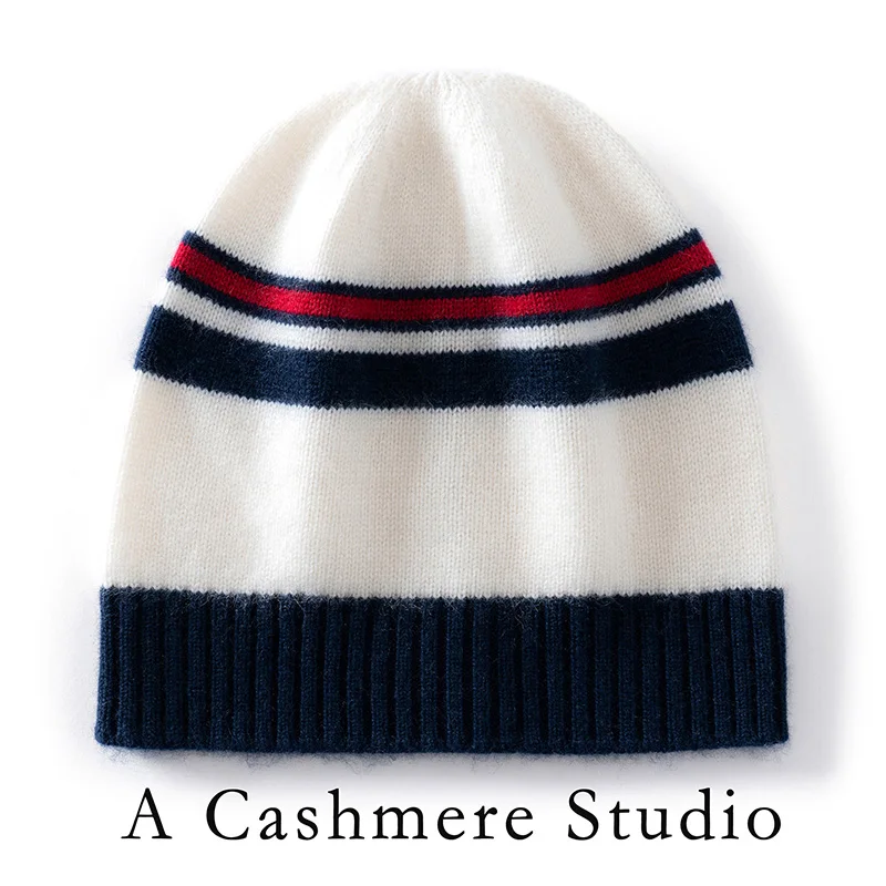 Women's High-Quality 100% Cashmere Knitted Hat with Striped Toe Cap Fashionable Contrasting Colors Warm Cold Resistant Winter Ha