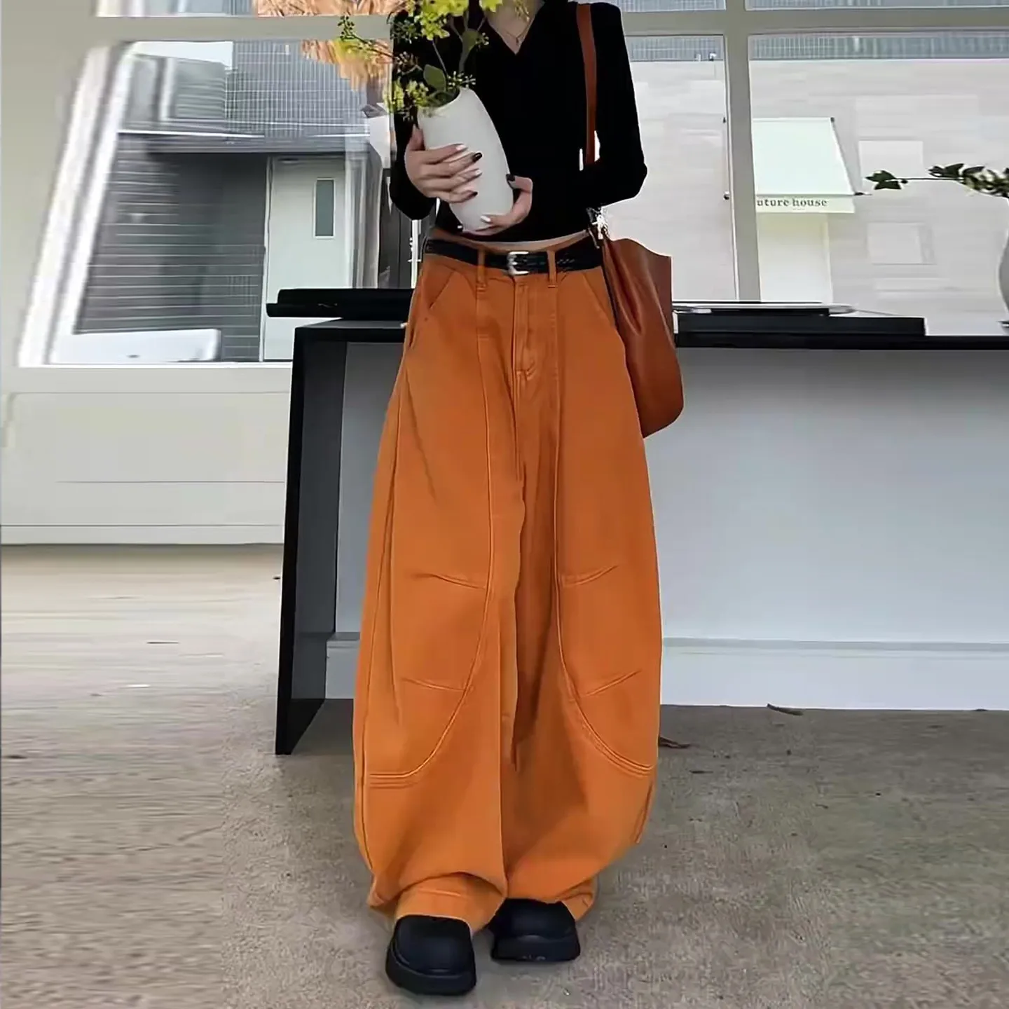 American-Style Trendy Curved Jeans Women, Fall/Winter  New Model, Loose-Fitting, Slimming, Thickened, Floor-Length Pants For
