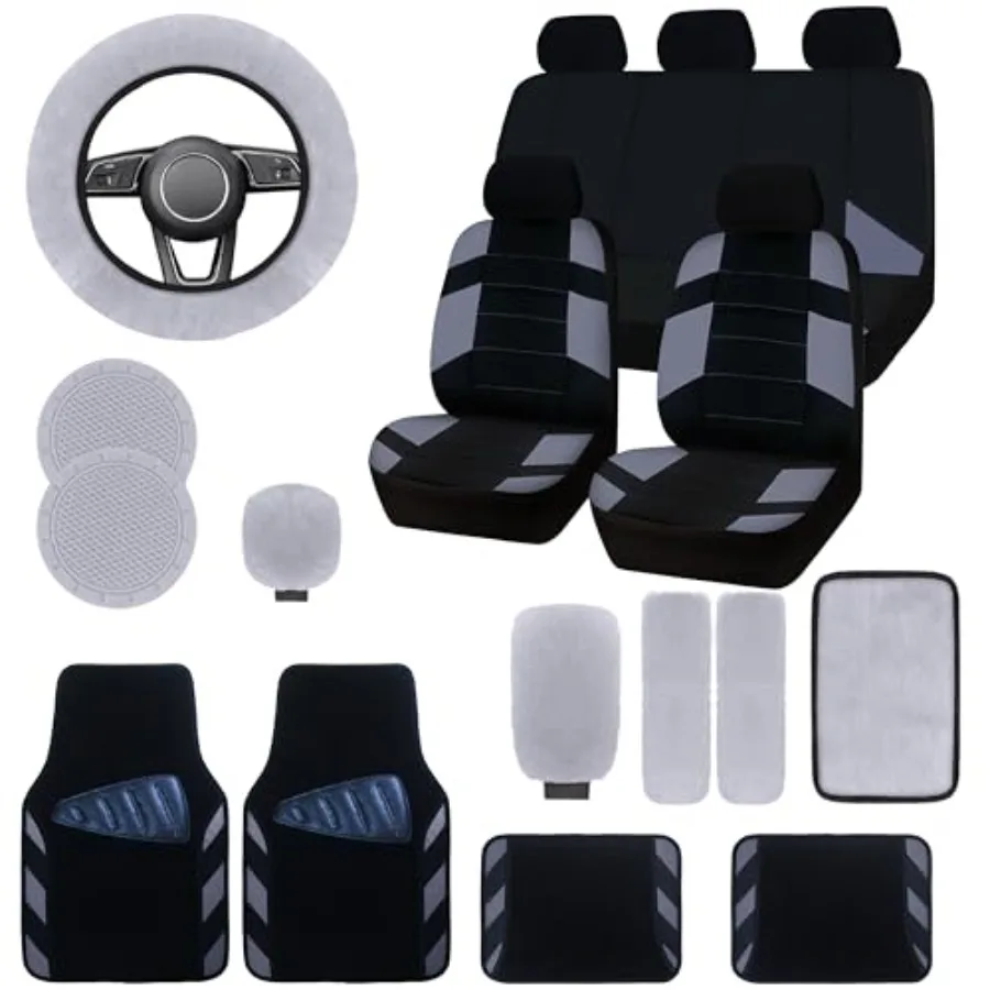 

Car Seat Cover Full Set for Sedans, Cars, Vans, SUV, Truck: Breathable Grey Fabric with Waterproof Floor Mats