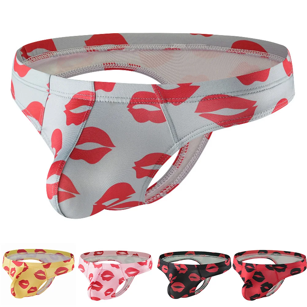 Men's Sexy Underwear Men Red Lips Printed Thong Underwear Sissy Low Rise Bulge Pouch G-string Panties Underpant