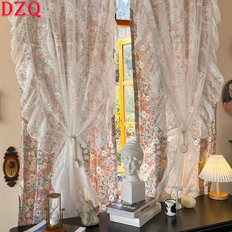 

Double Layered Idyllic French Romantic Flowers Curtains Cloth For Living Room Lace Warp Ruffled Tulle Curtains for Kitchen #A362