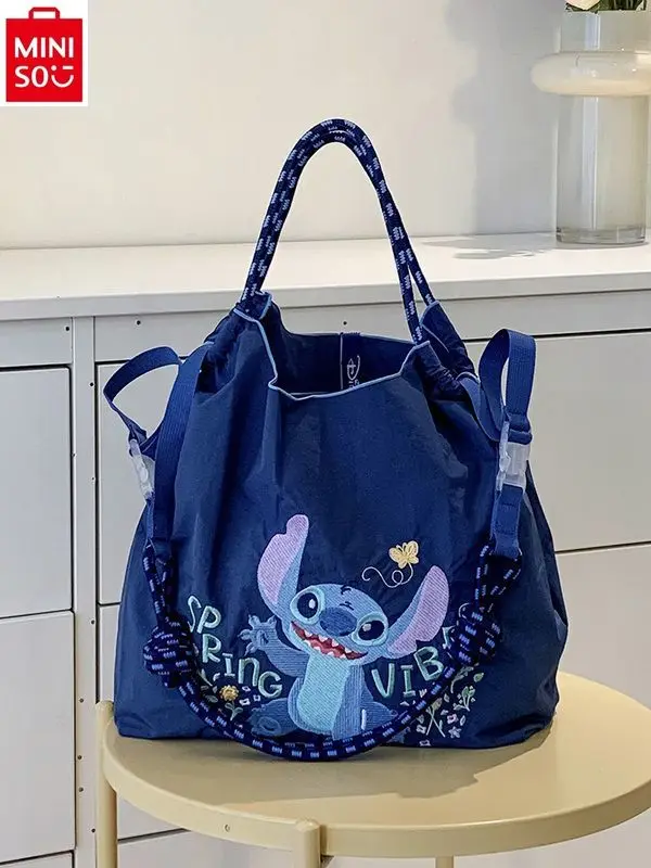 MINISO Disney Canvas Large Capacity Shopping Bag Cartoon Stitch Women's High Quality Denim Handheld Crossbody Shoulder Bag