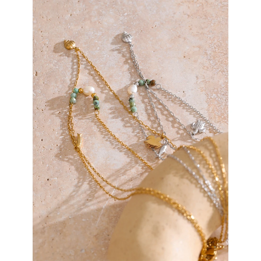 Yhpup الصيف نمط طبقة مزدوجة سلسلة محارة السلاحف الأسماك قطرة قلادة 316L الفولاذ المقاوم للصدأ الحجر الطبيعي اللؤلؤ سلسلة مجوهرات