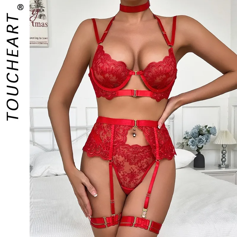 

Toucheart 5PCS Mesh Embroidery Floral Interesting Underwear Panty Slim Exposed Navel Patchwork See-through Sexy Underwear Set