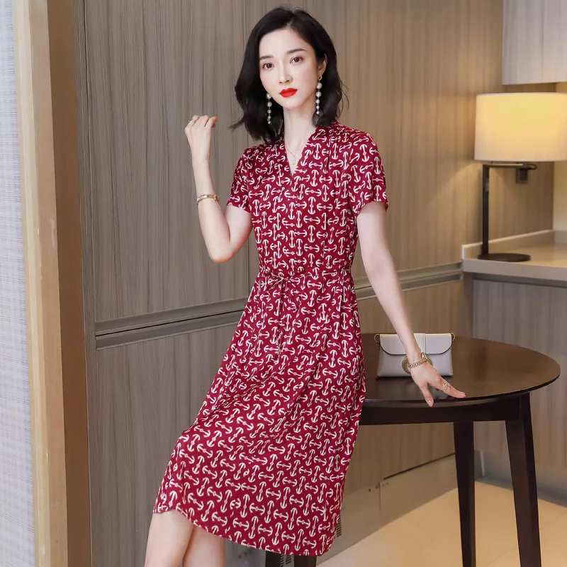 Hangzhou-Robe en soie lourde pour femme, petite robe imprimée pour jeune mère, été 2024